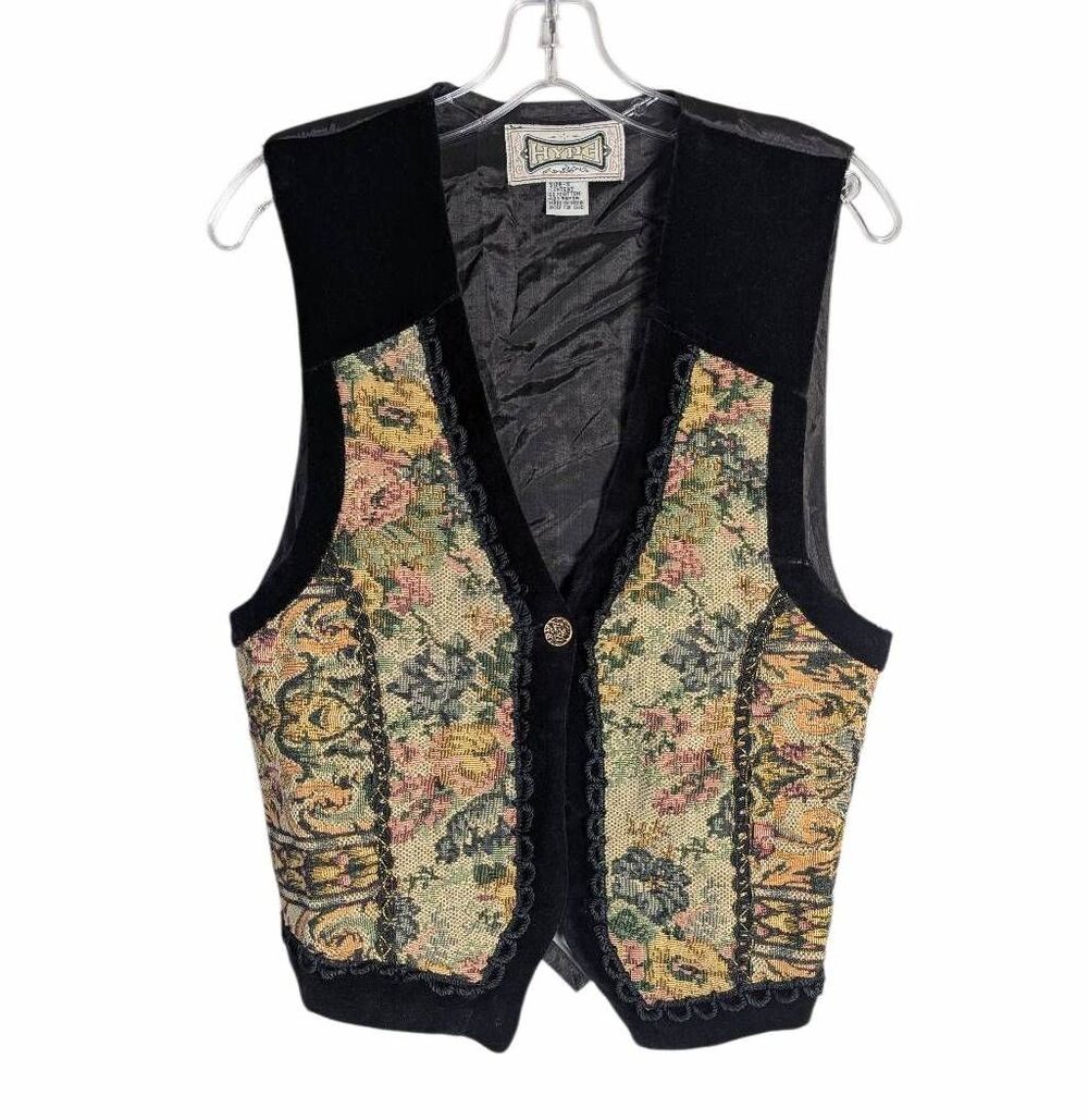 Vintage 90s Hype Black Velvet & multicolor floral tapestry vest womens S